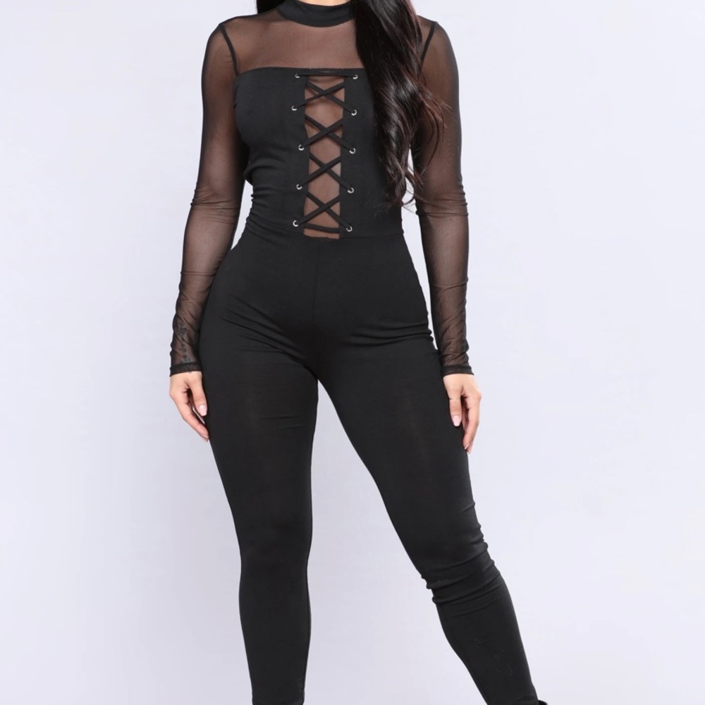 Black lace up long sleeve jumpsuit